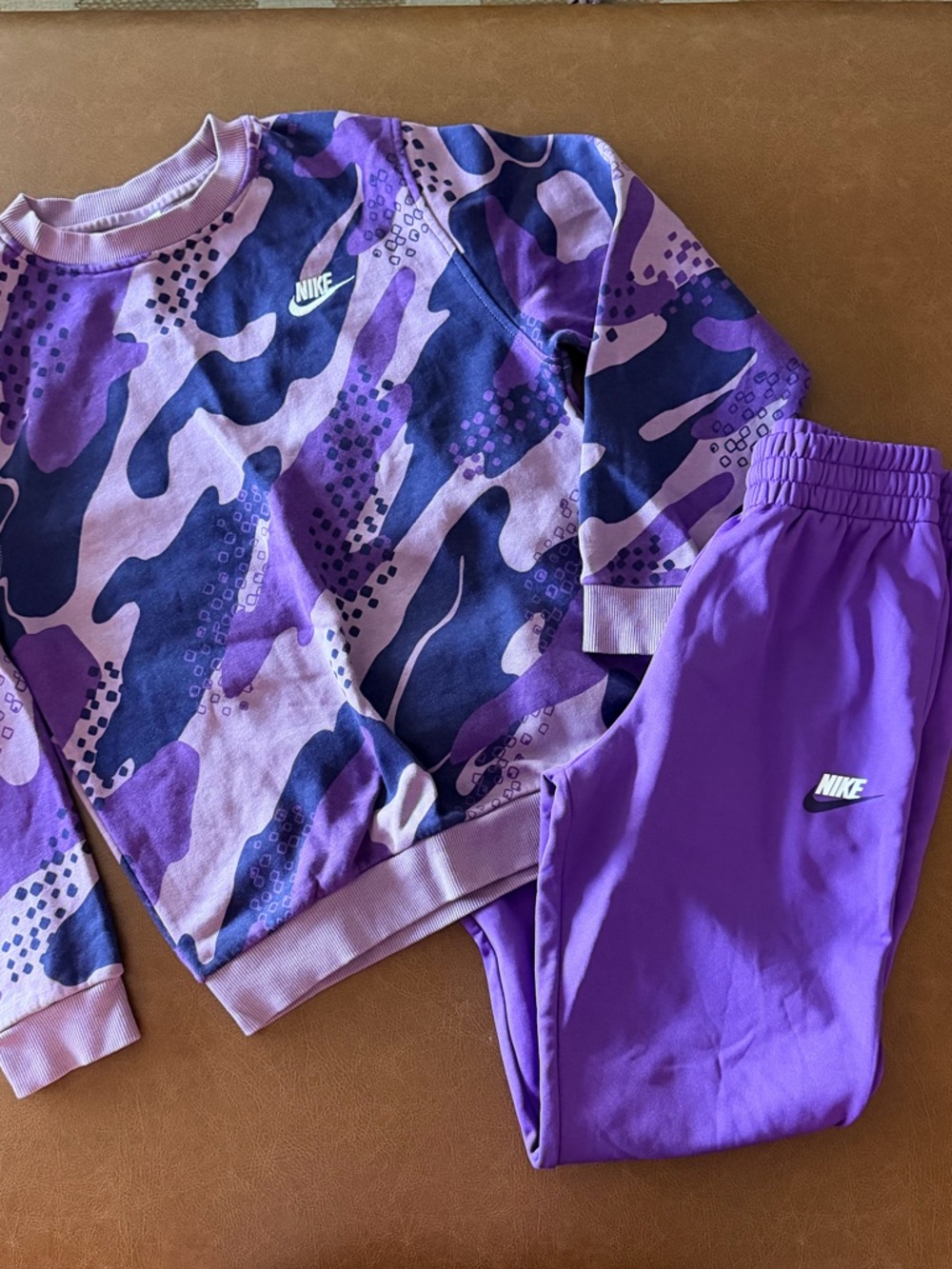 Nike Purple Camo Crewneck Sweatshirt and Purple Joggers Set